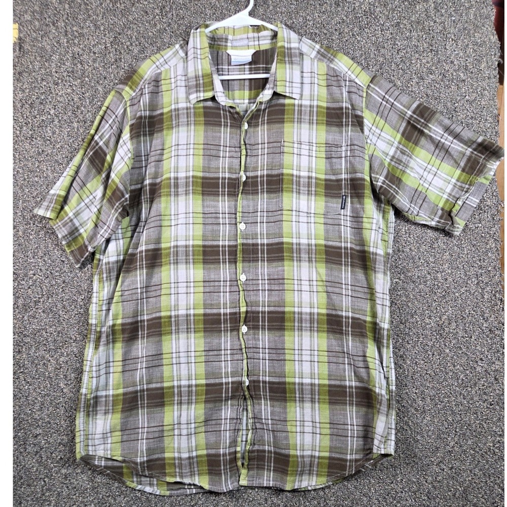 Columbia Button Down Shirt Mens XLT Green Brown Plaid Cotton Short Sleeve AT1238